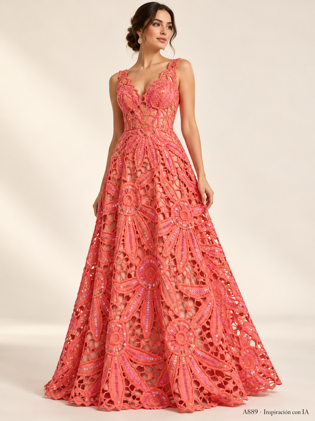 A889 coral · Inspiración con IA · 7732420280398. Ilustración de vestido basada en la fotografía de esta tela. Se vende tela por metro.
