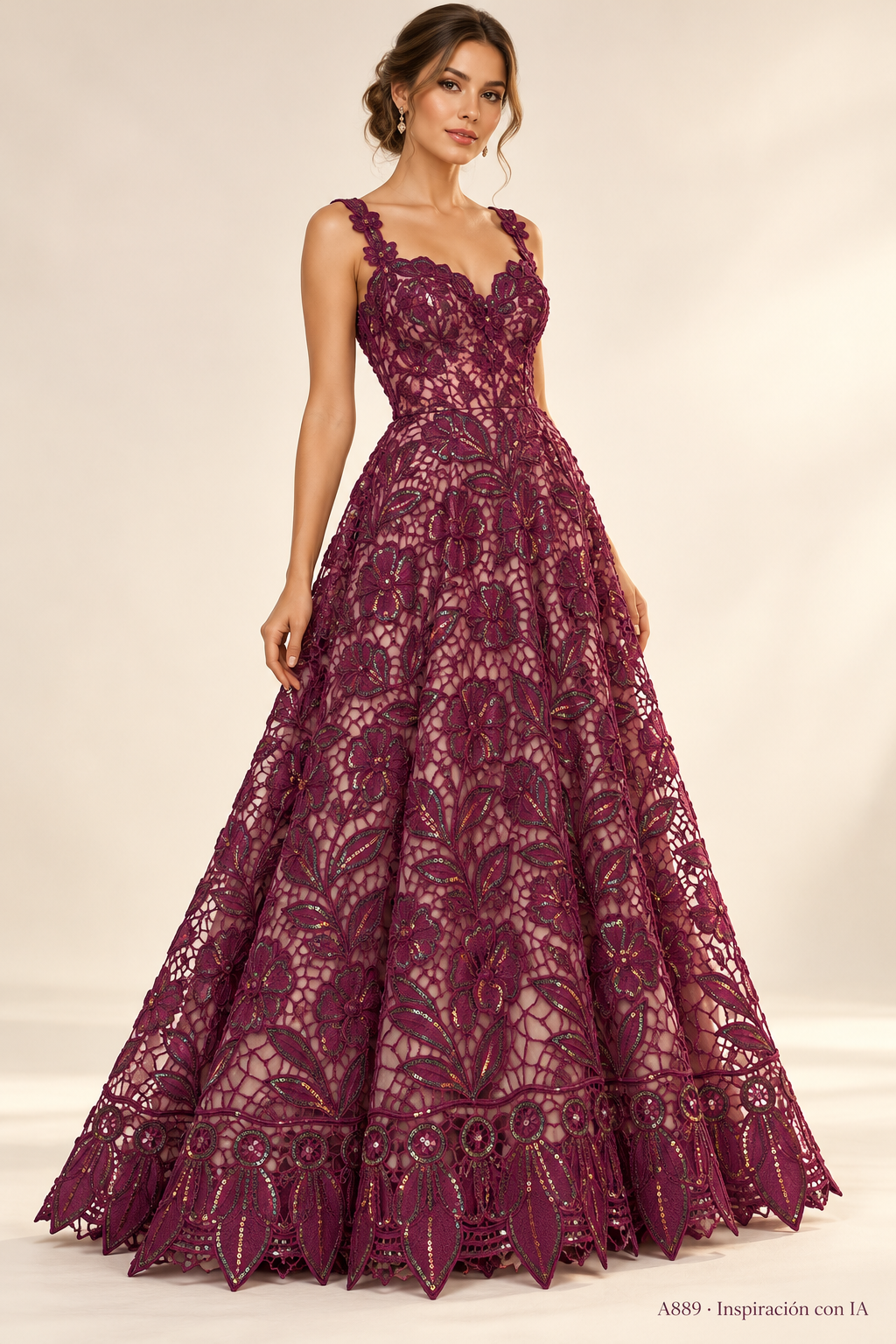 A889 Morado · Inspiración con IA · 7738720976974. Ilustración de vestido basada en la fotografía de esta tela. Se vende tela por metro.