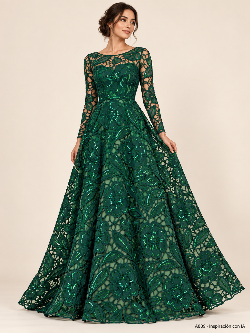 A889 · Inspiración de vestido generada con IA. Se vende tela por metro.