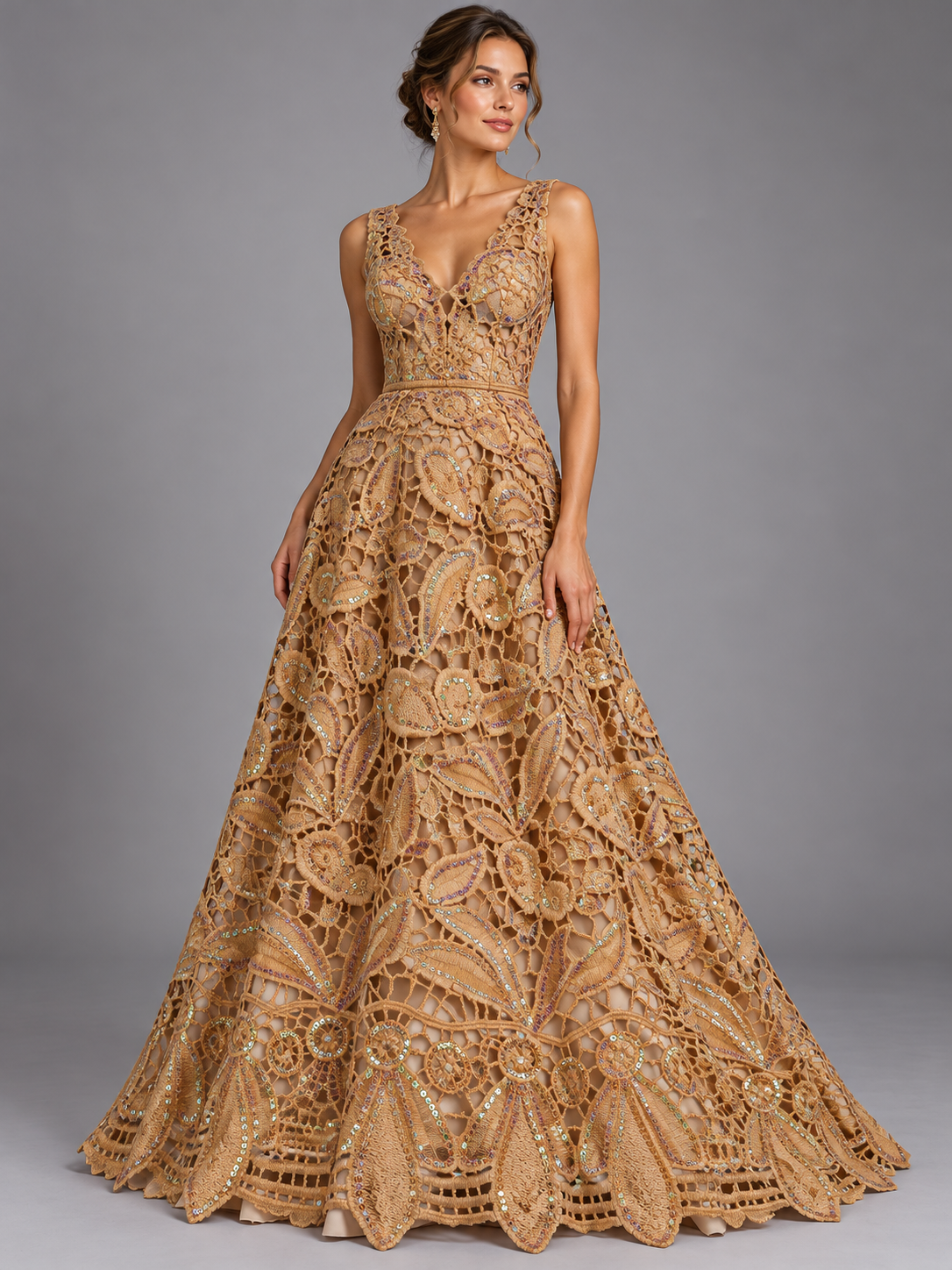 Inspiración de vestido generada con IA con tela A889 oro; se vende la tela por metro.