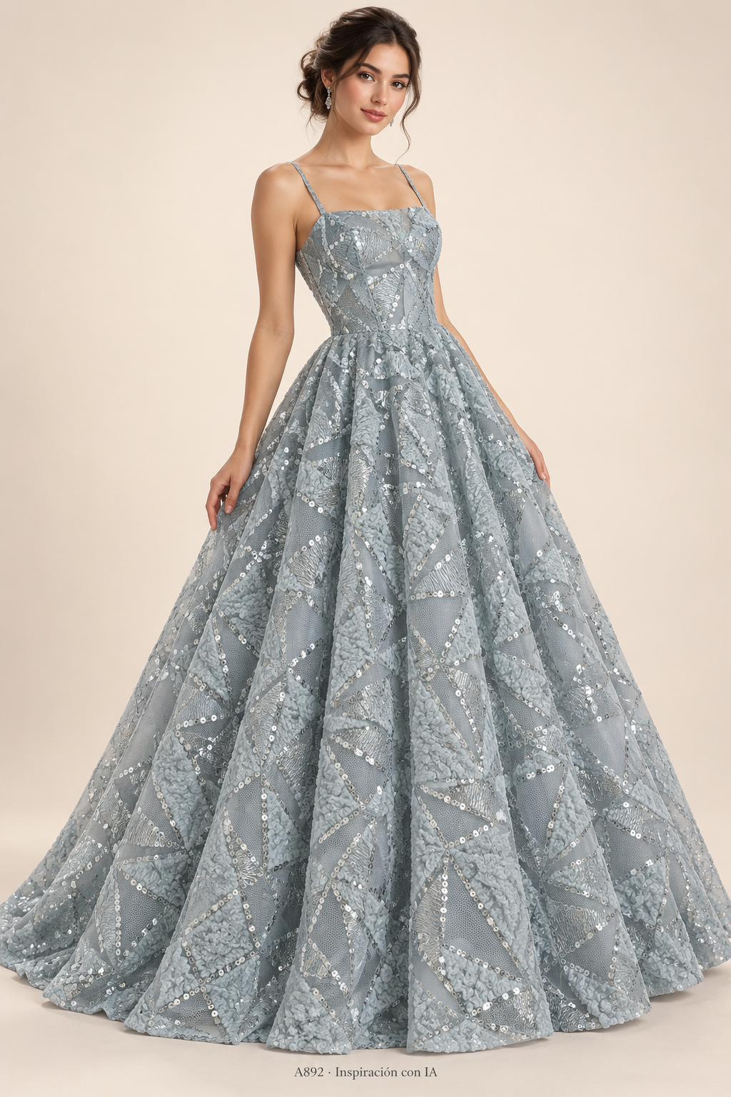 A892 · Inspiración de vestido generada con IA basada en esta tela. Se vende tela por metro.