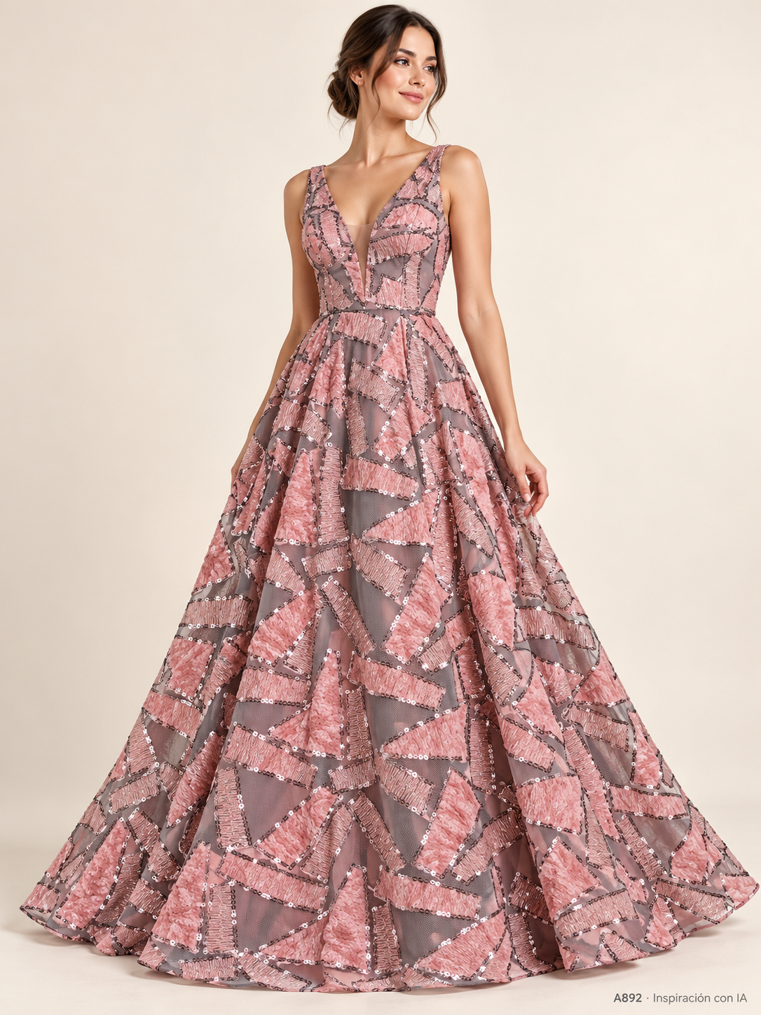 A892: vestido de inspiración con IA basado en esta tela. Se vende tela por metro.
