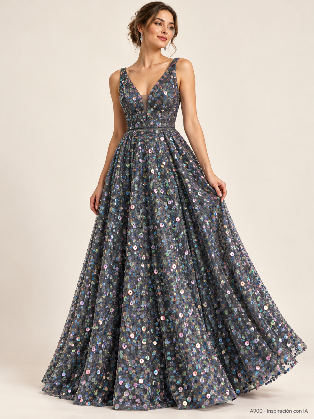 A900 · Inspiración de vestido generada con IA basada en esta tela. Se vende tela por metro.