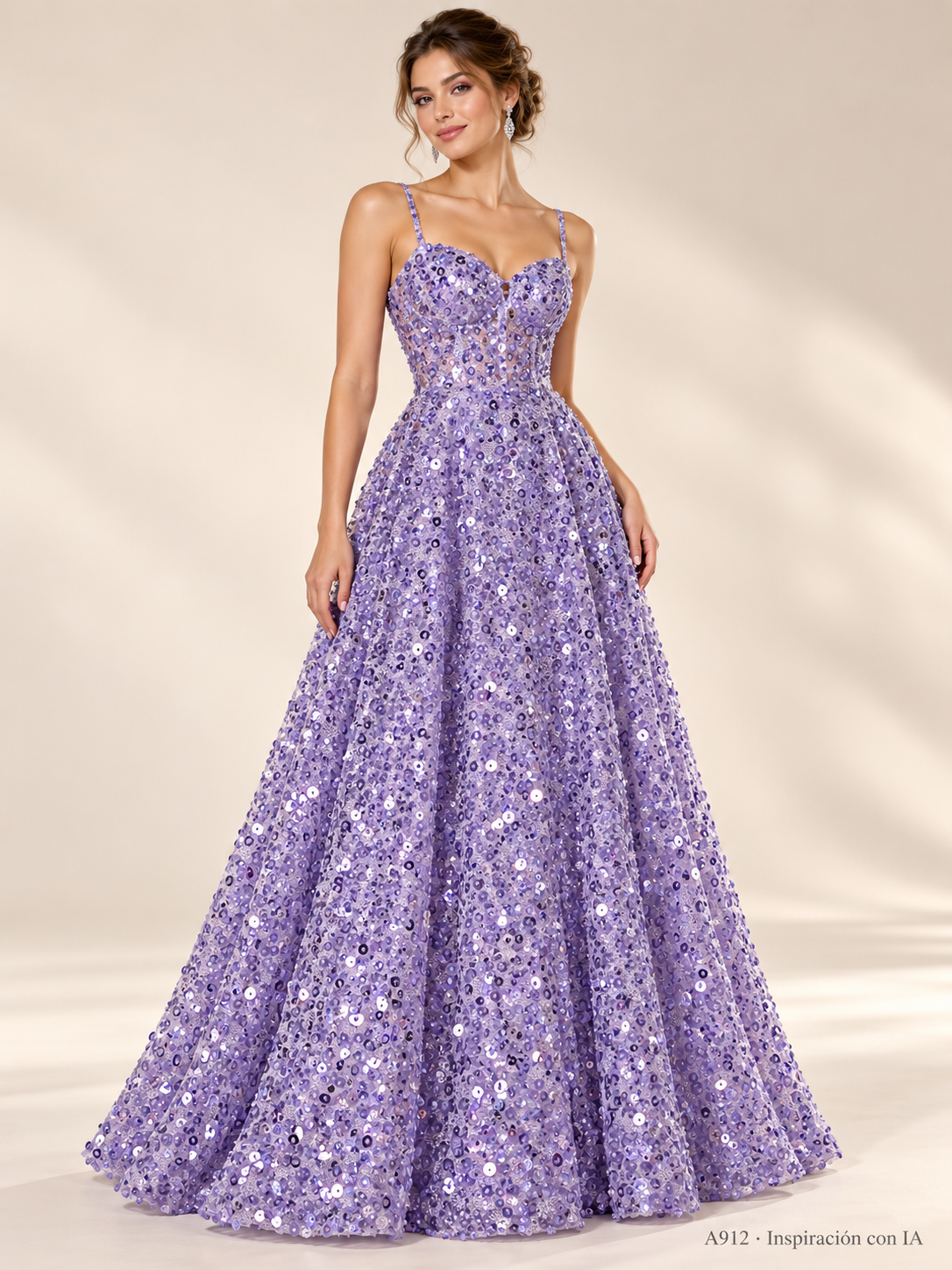 A912 Lila Claro · Inspiración con IA · 7738678706254. Ilustración de vestido basada en la fotografía de esta tela. Se vende tela por metro.