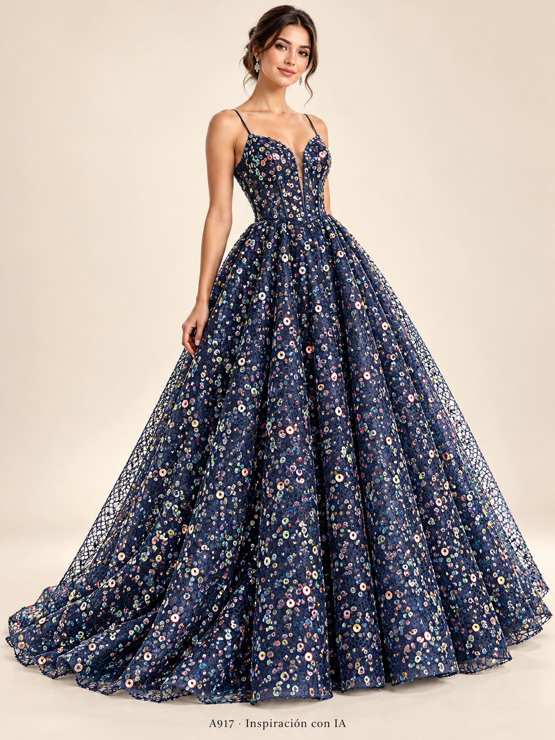 A917 · Inspiración de vestido generada con IA basada en esta tela. Se vende tela por metro.