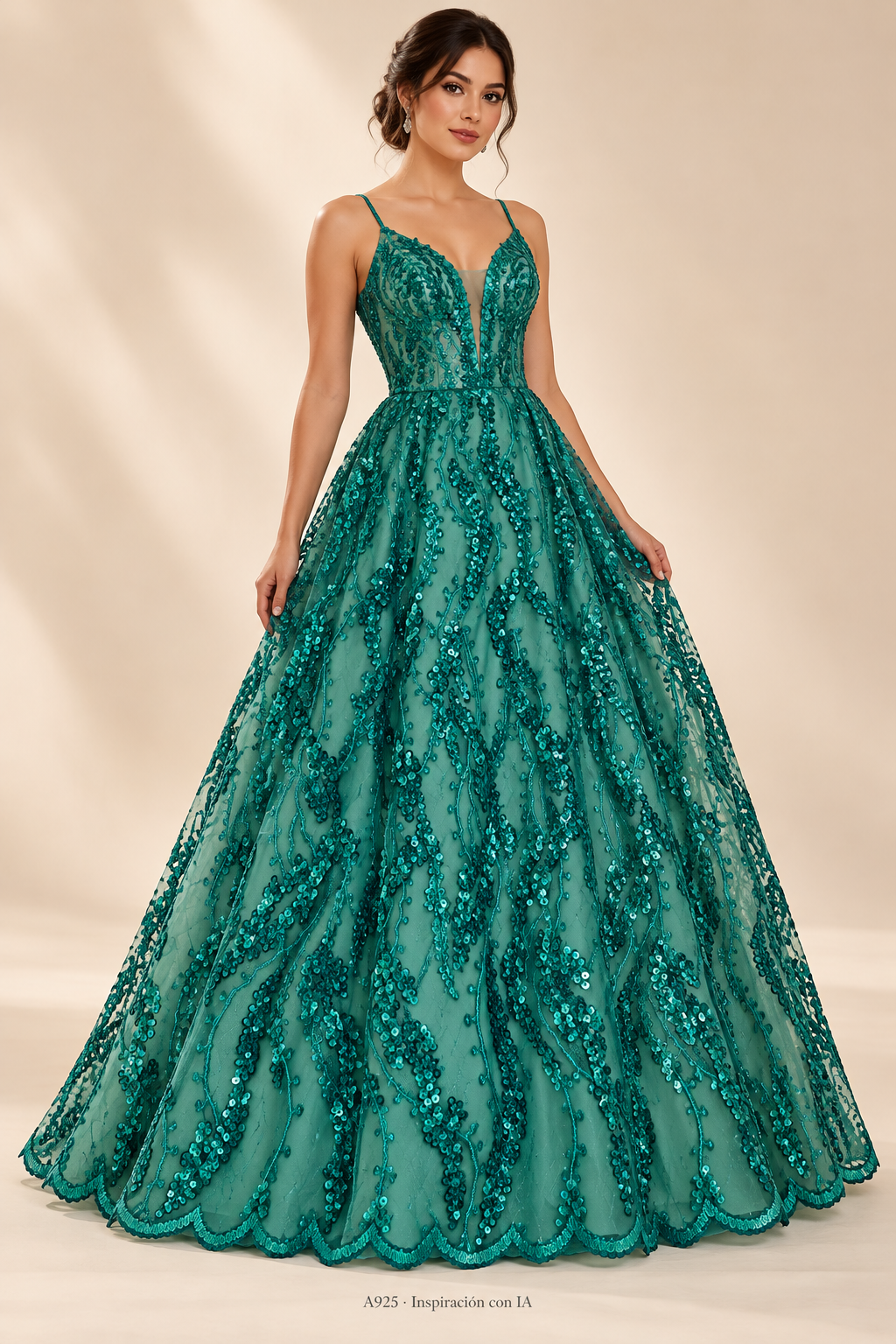 A925 · Inspiración de vestido generada con IA basada en esta tela. Se vende tela por metro.