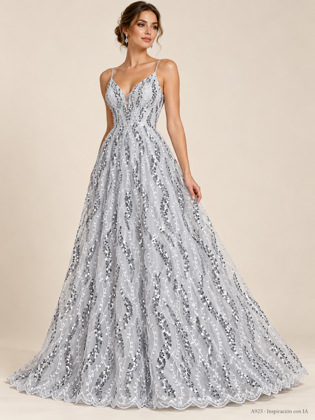 A925 · Inspiración de vestido generada con IA basada en esta tela. Se vende tela por metro.
