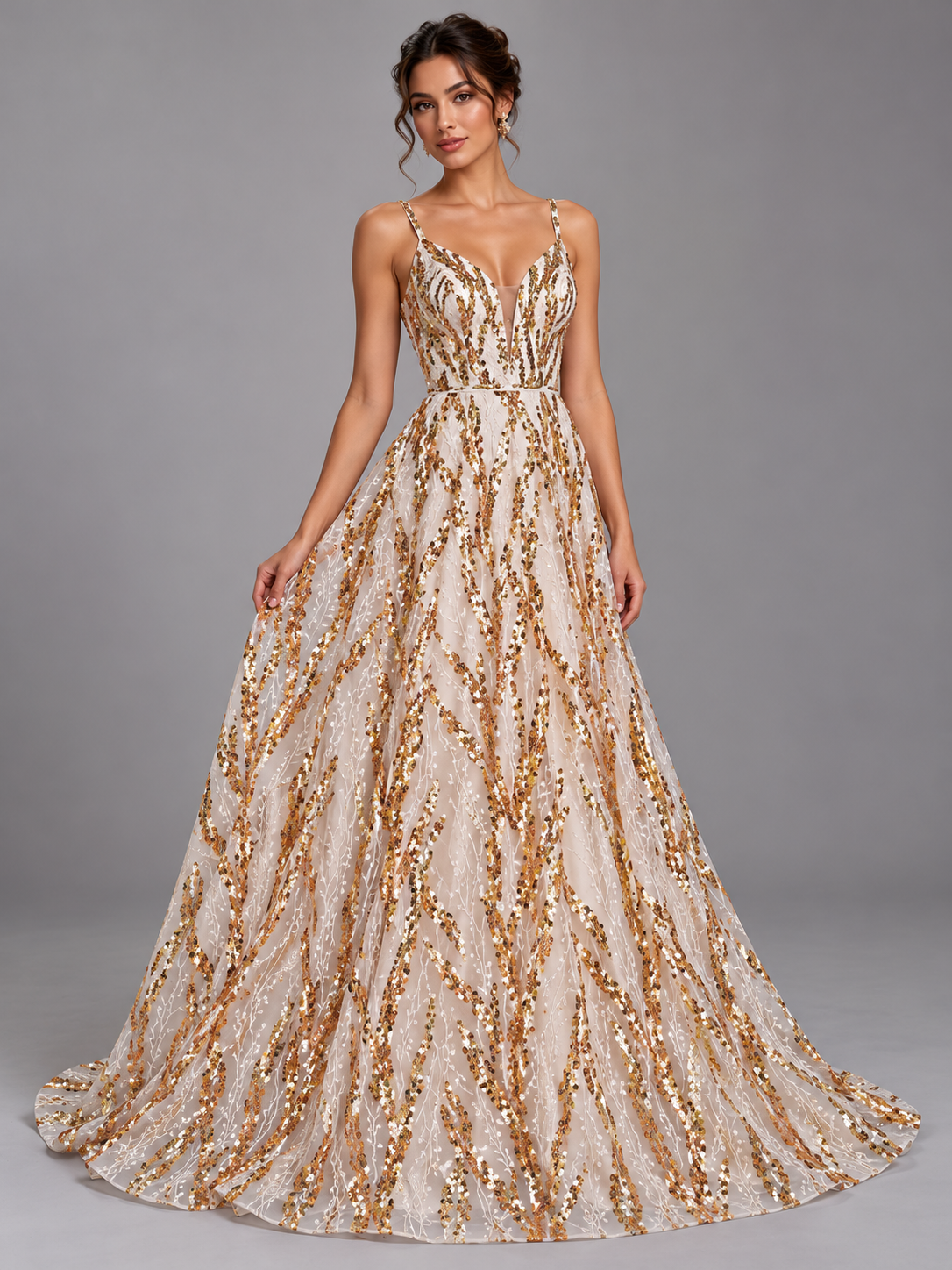Inspiración de vestido generada con IA con tela A925 oro hueso; se vende la tela por metro.