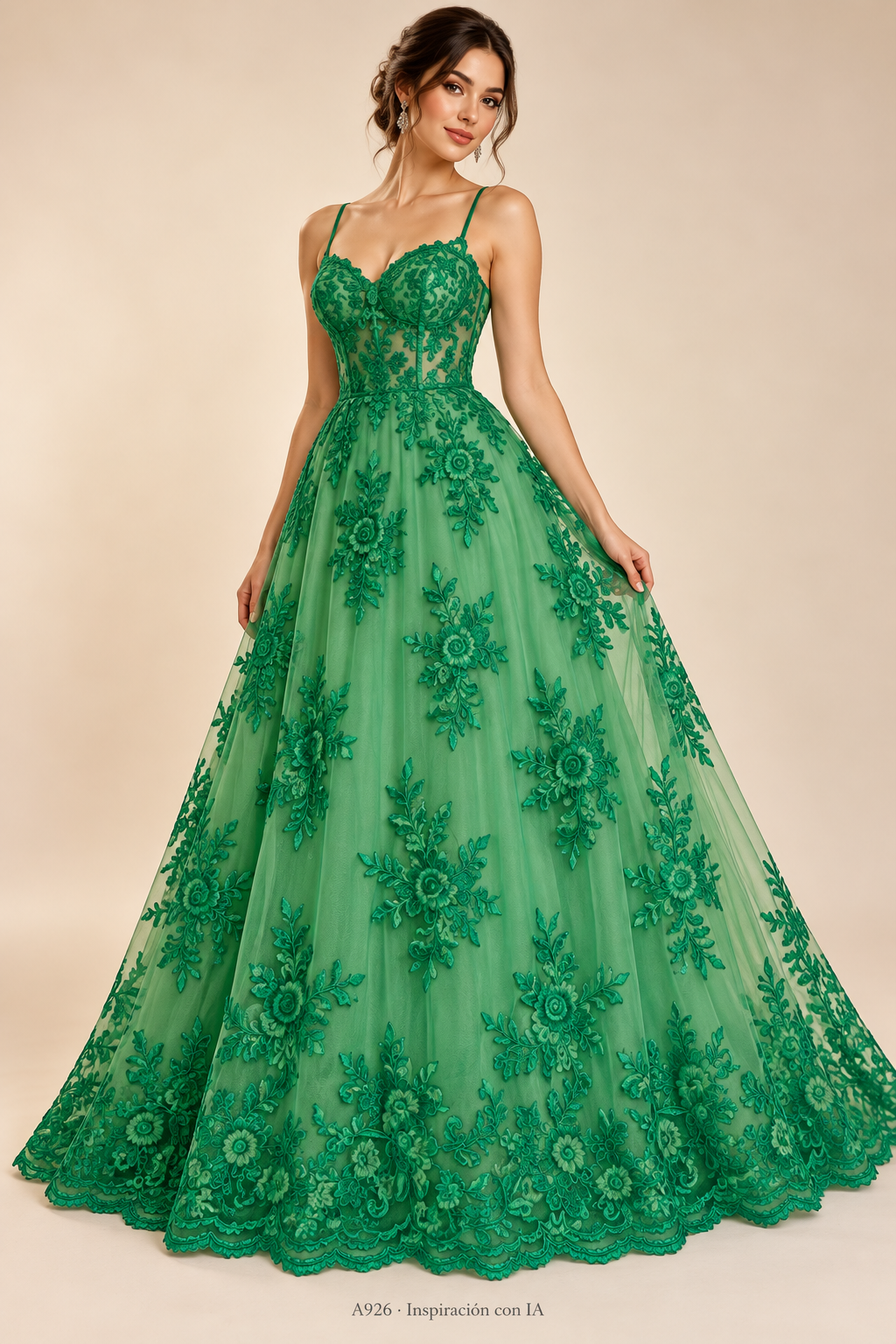A926 · Inspiración de vestido generada con IA basada en esta tela. Se vende tela por metro.