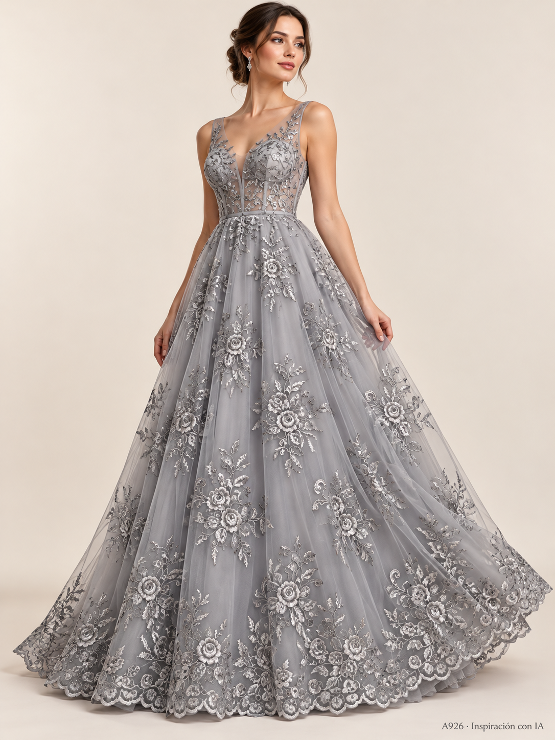 A926 · Inspiración de vestido generada con IA basada en esta tela. Se vende tela por metro.