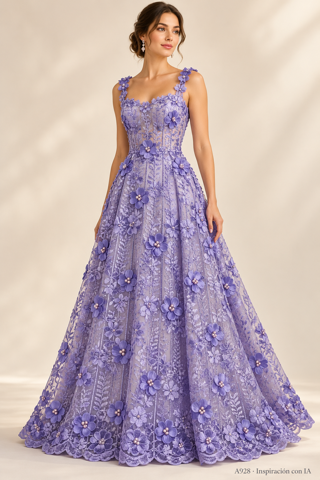A928 Lila Claro · Inspiración con IA · 7738679623758. Ilustración de vestido basada en la fotografía de esta tela. Se vende tela por metro.