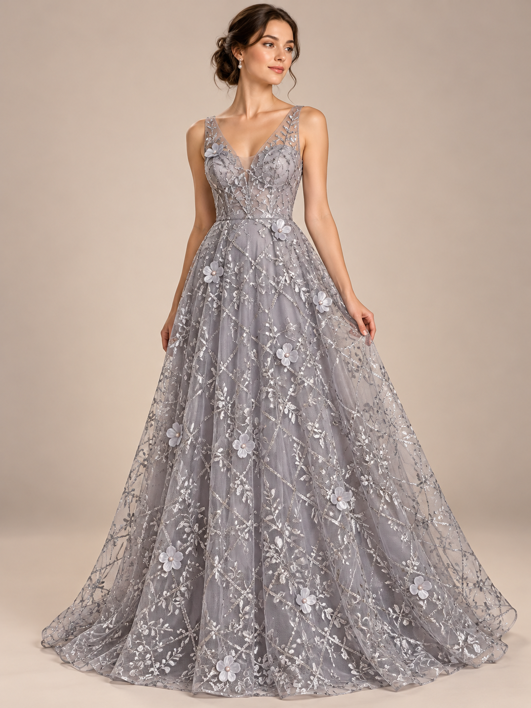 Inspiración de vestido A928 plata generada con IA. Se vende tela por metro.