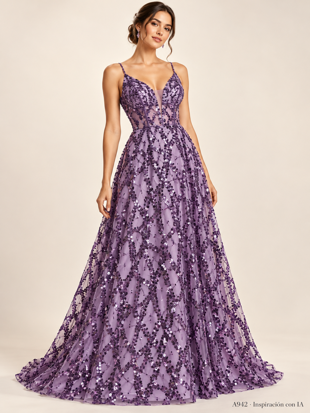 A942 Lila Uva · Inspiración con IA · 7738705805390. Ilustración de vestido basada en la fotografía de esta tela. Se vende tela por metro.