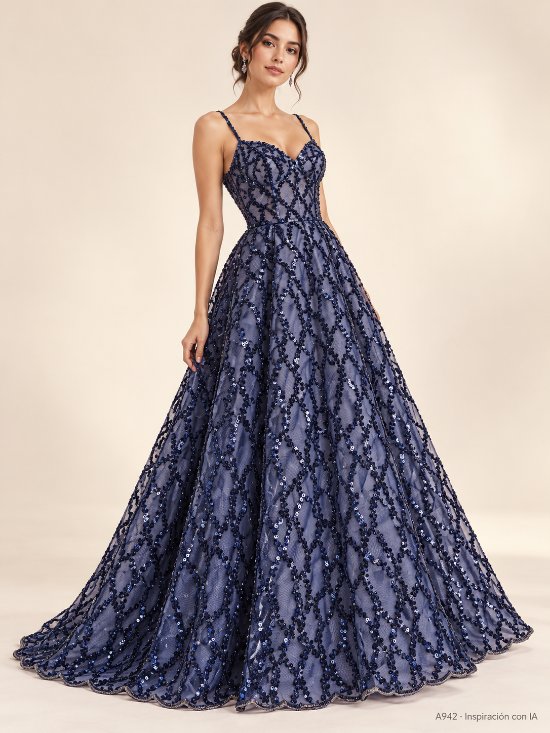 A942 · Inspiración con IA · 7739638317134. Vestido ilustrativo basado en esta tela. Se vende tela por metro.