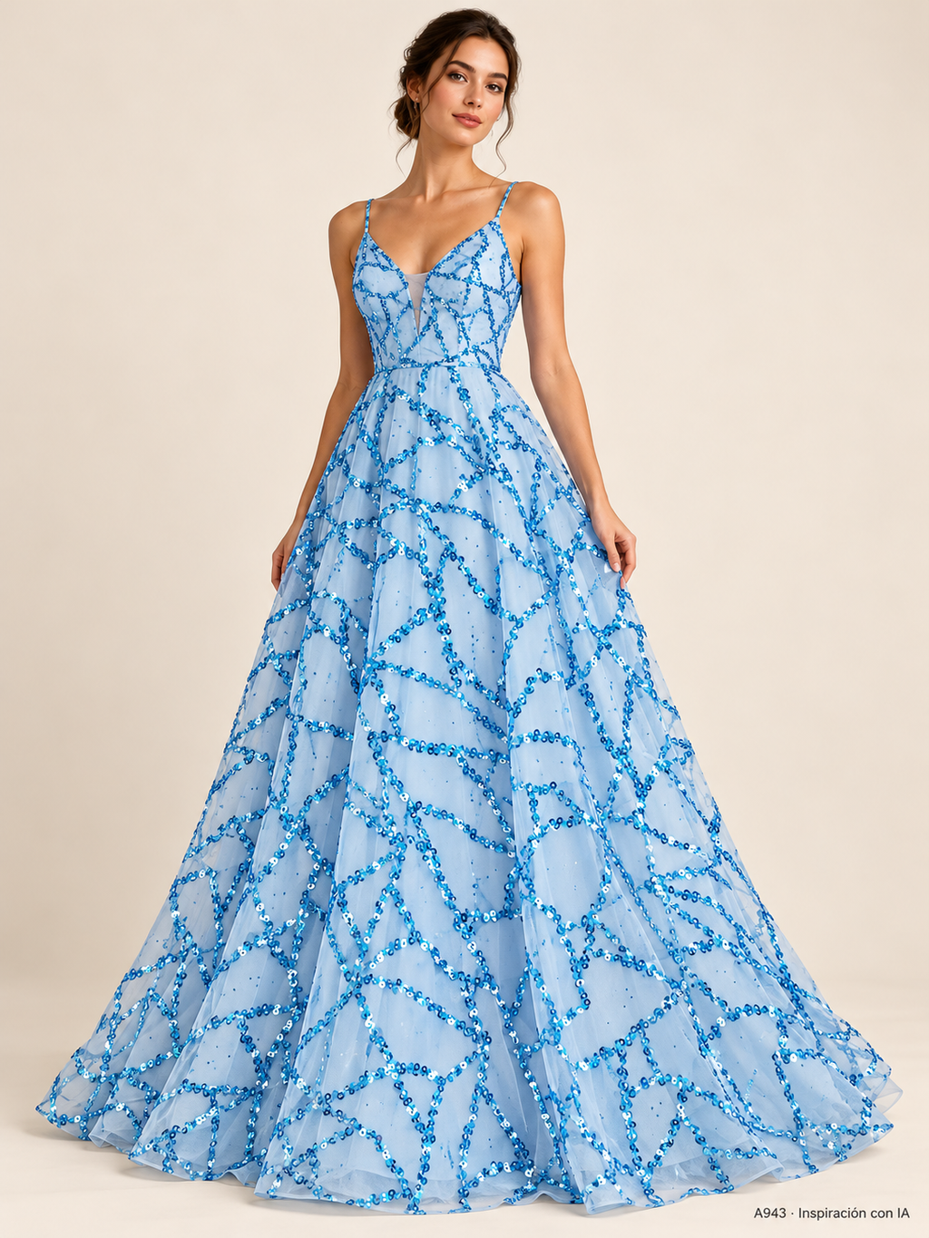 A943 · Inspiración de vestido generada con IA basada en esta tela. Se vende tela por metro.