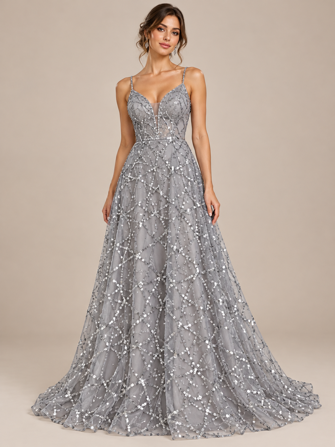 Inspiración de vestido A943 gris generada con IA. Se vende tela por metro.