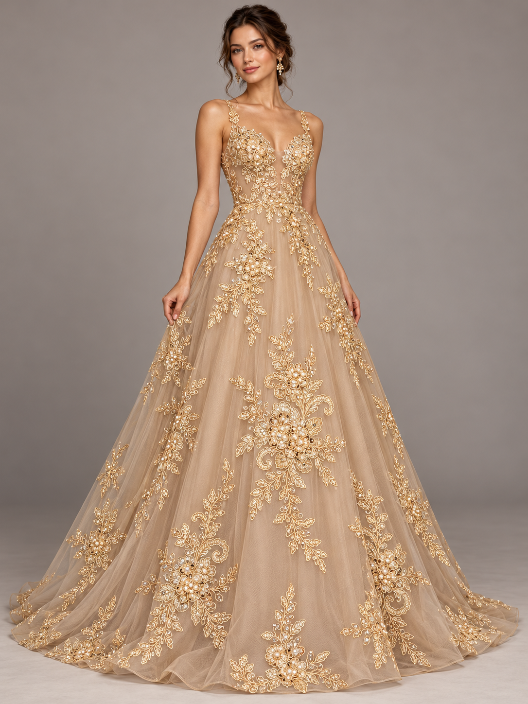 Inspiración de vestido generada con IA con tela A948 oro; se vende la tela por metro.