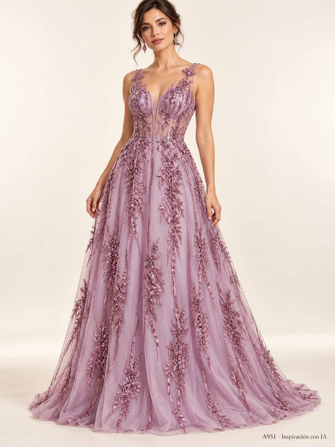 A951 Mauve · Inspiración con IA · 7738709934158. Ilustración de vestido basada en la fotografía de esta tela. Se vende tela por metro.