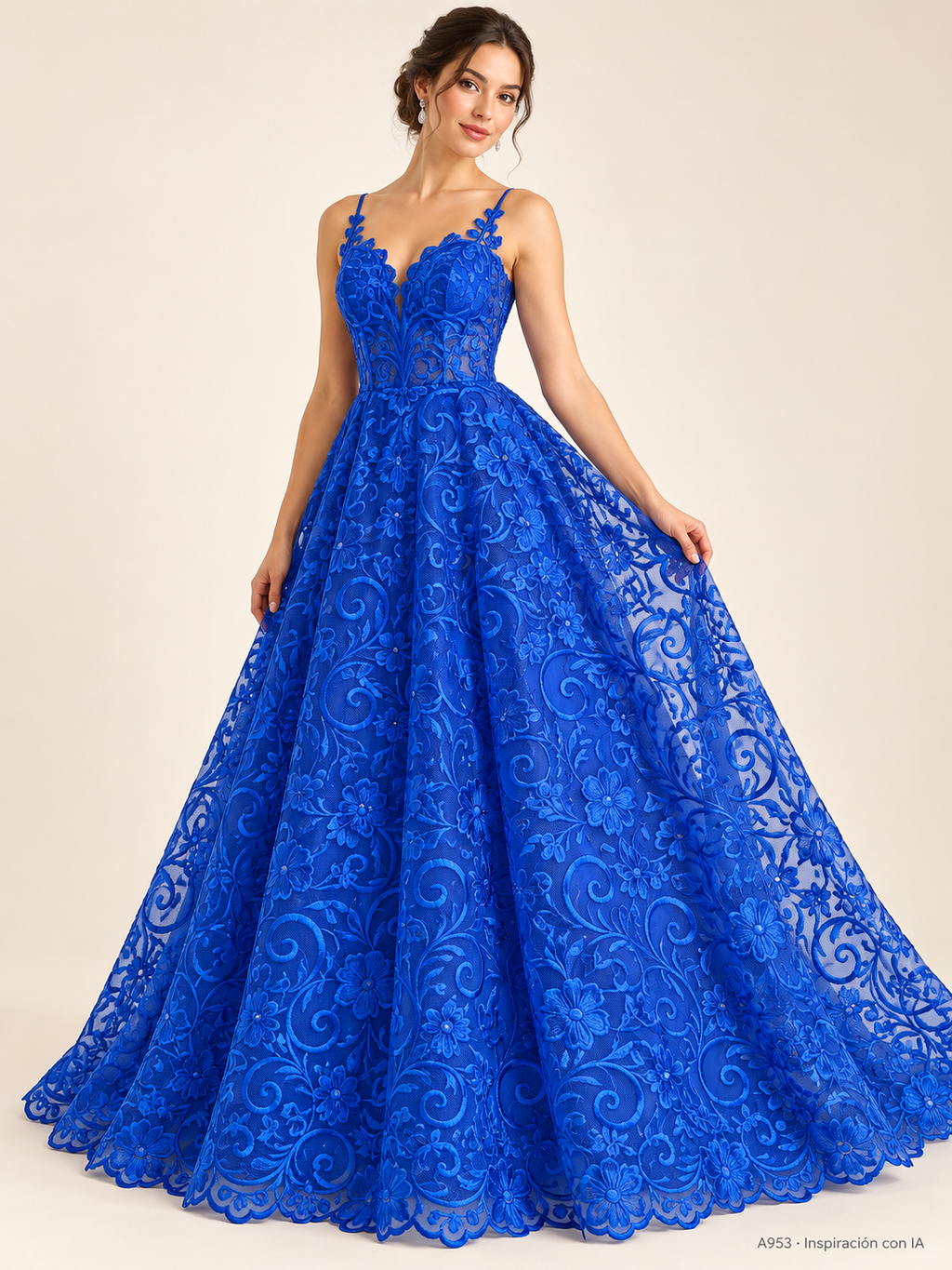 A953 · Inspiración con IA · 7739642708046. Vestido ilustrativo basado en esta tela. Se vende tela por metro.