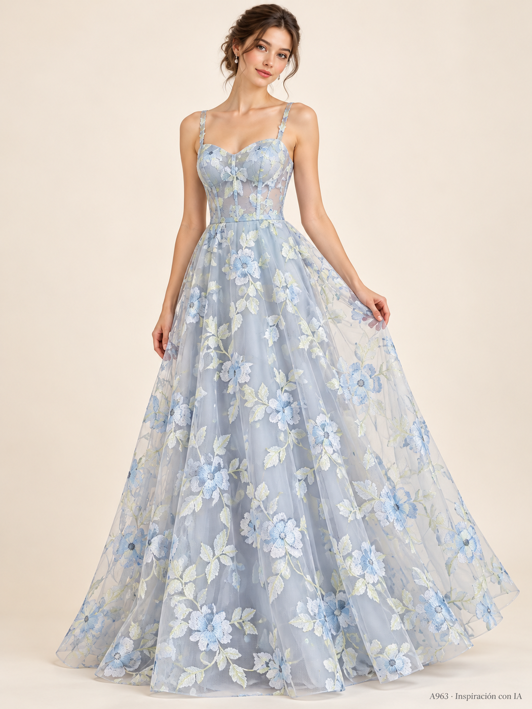 A963: vestido de inspiración con IA basado en esta tela. Se vende tela por metro.