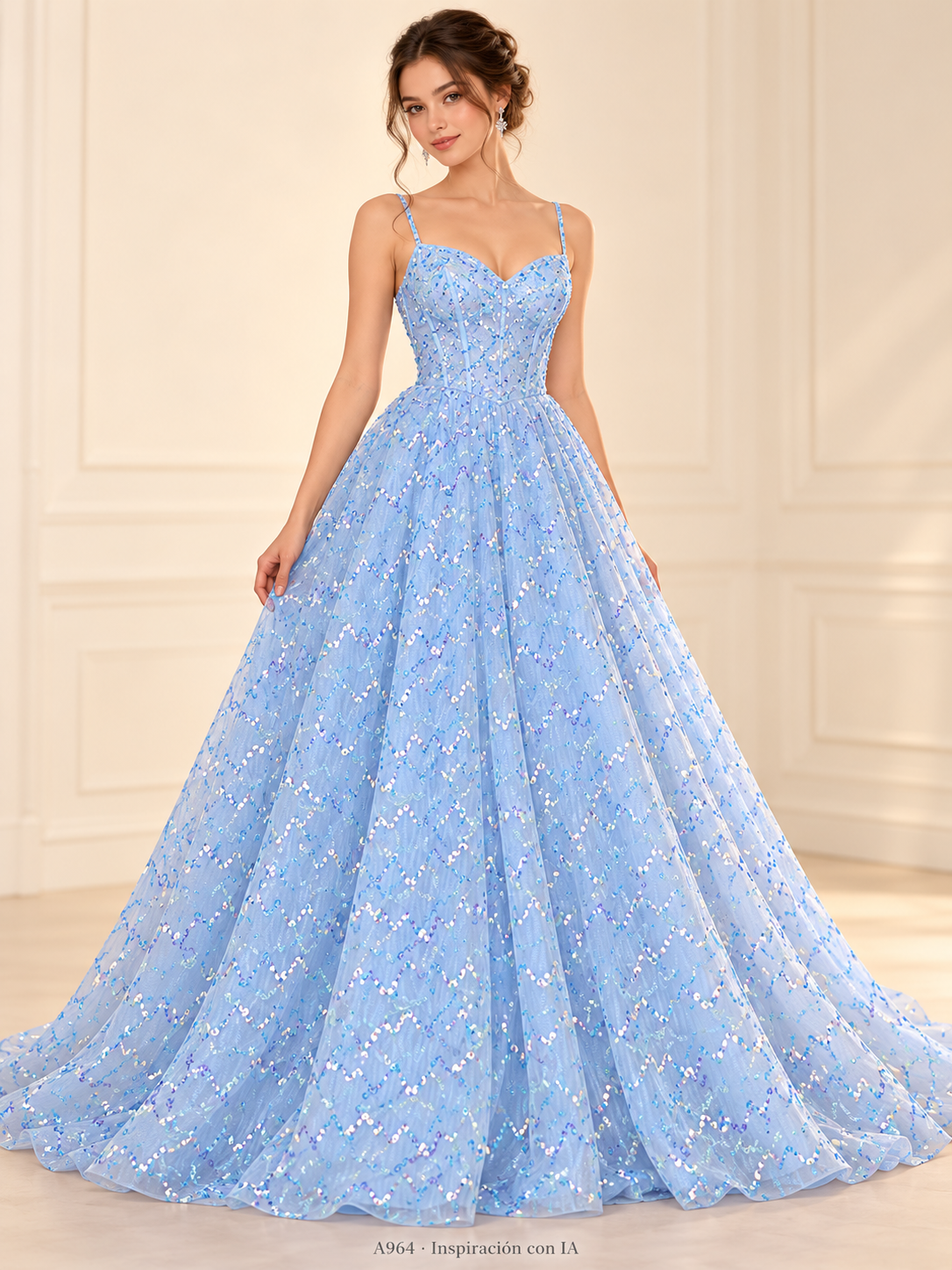A964 · Inspiración de vestido generada con IA basada en esta tela. Se vende tela por metro.