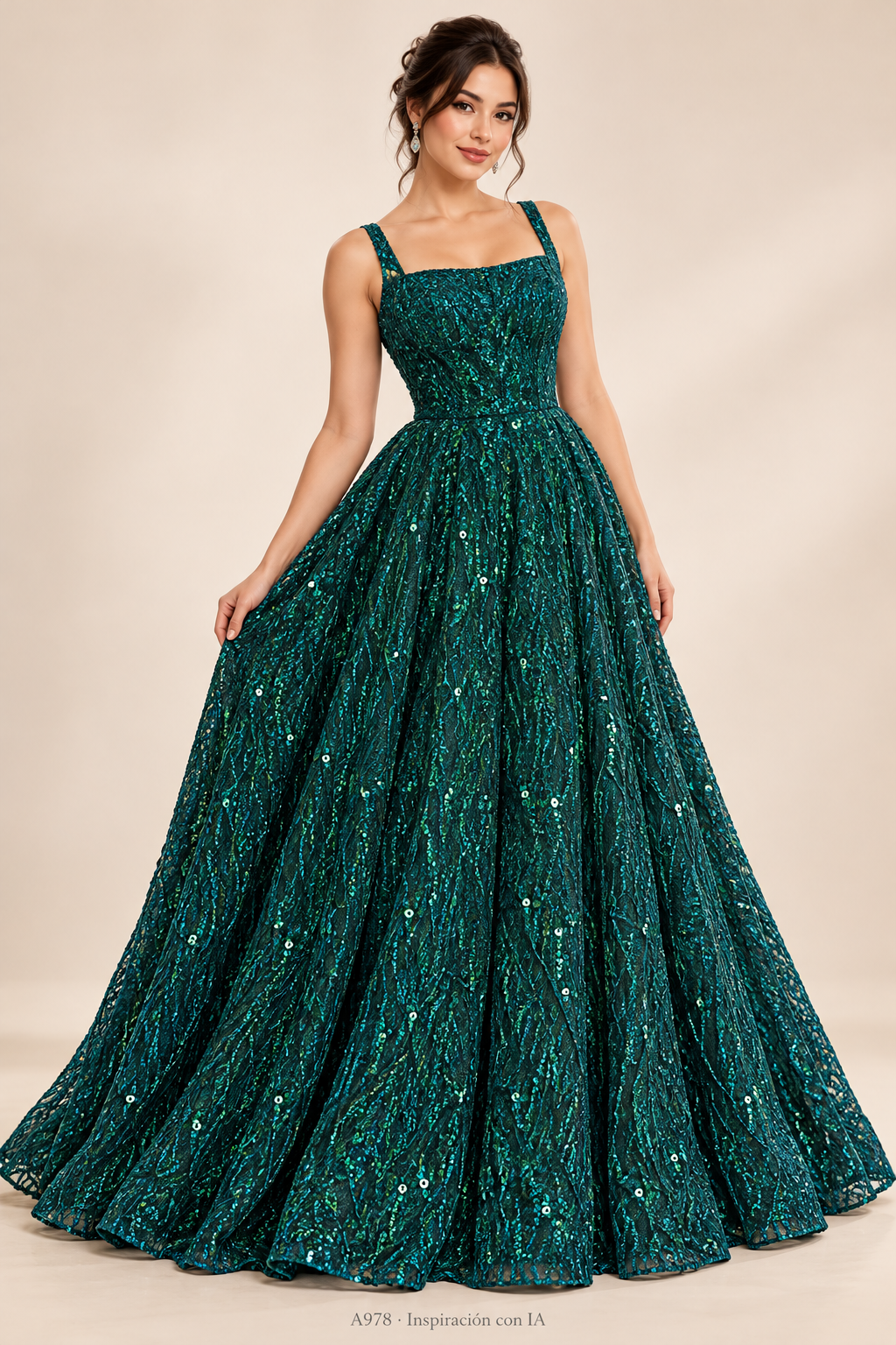 A978 · Inspiración de vestido generada con IA basada en esta tela. Se vende tela por metro.