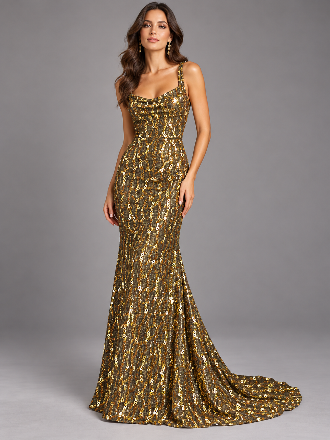 Inspiración de vestido generada con IA con tela A978 oro; se vende la tela por metro.