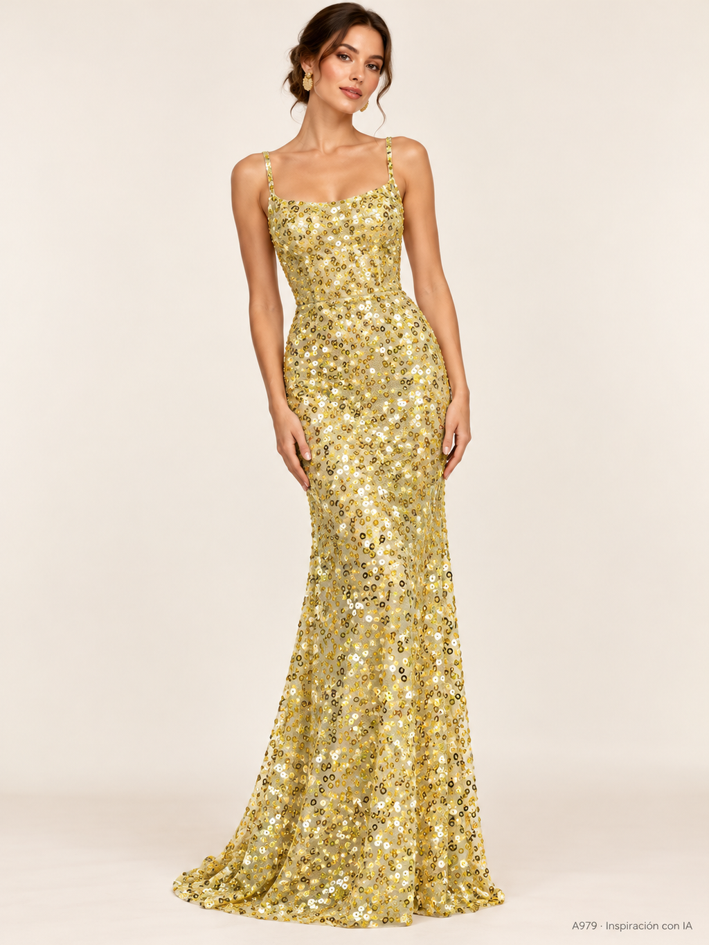 A979 amarillo: vestido de inspiración con IA basado en esta tela. Se vende tela por metro.