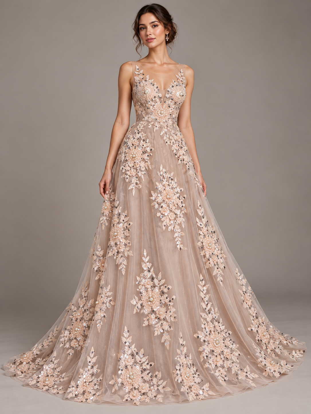 Inspiración de vestido generada con IA con tela A980 nude; se vende la tela por metro.