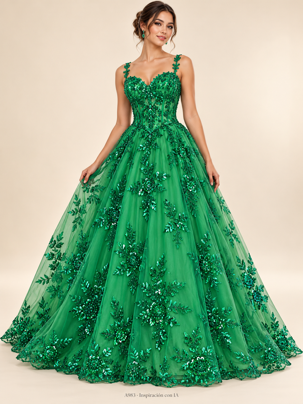 A983 · Inspiración de vestido generada con IA basada en esta tela. Se vende tela por metro.