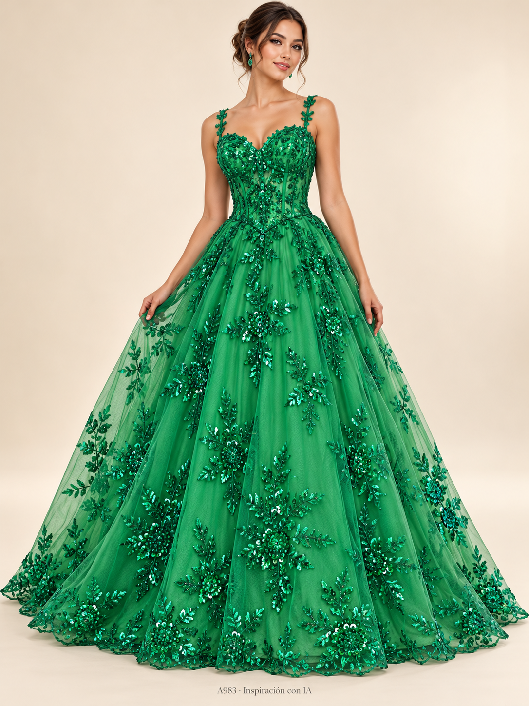 A983 · Inspiración de vestido generada con IA basada en esta tela. Se vende tela por metro.
