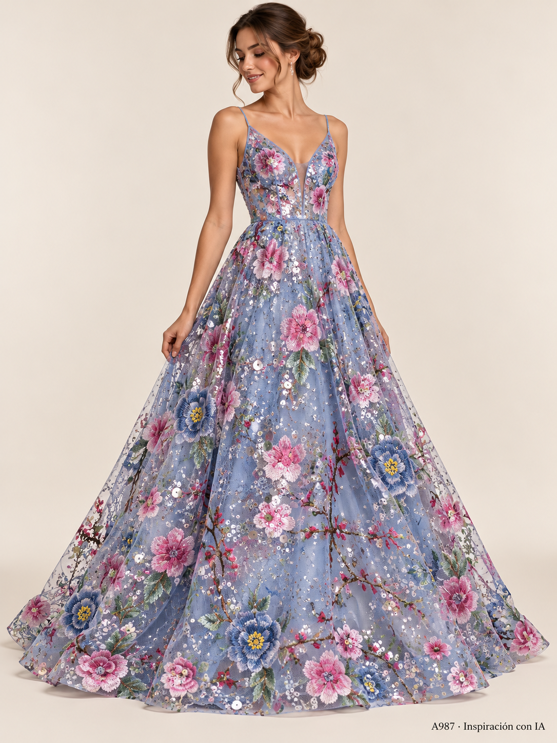 A987: vestido de inspiración con IA basado en esta tela. Se vende tela por metro.