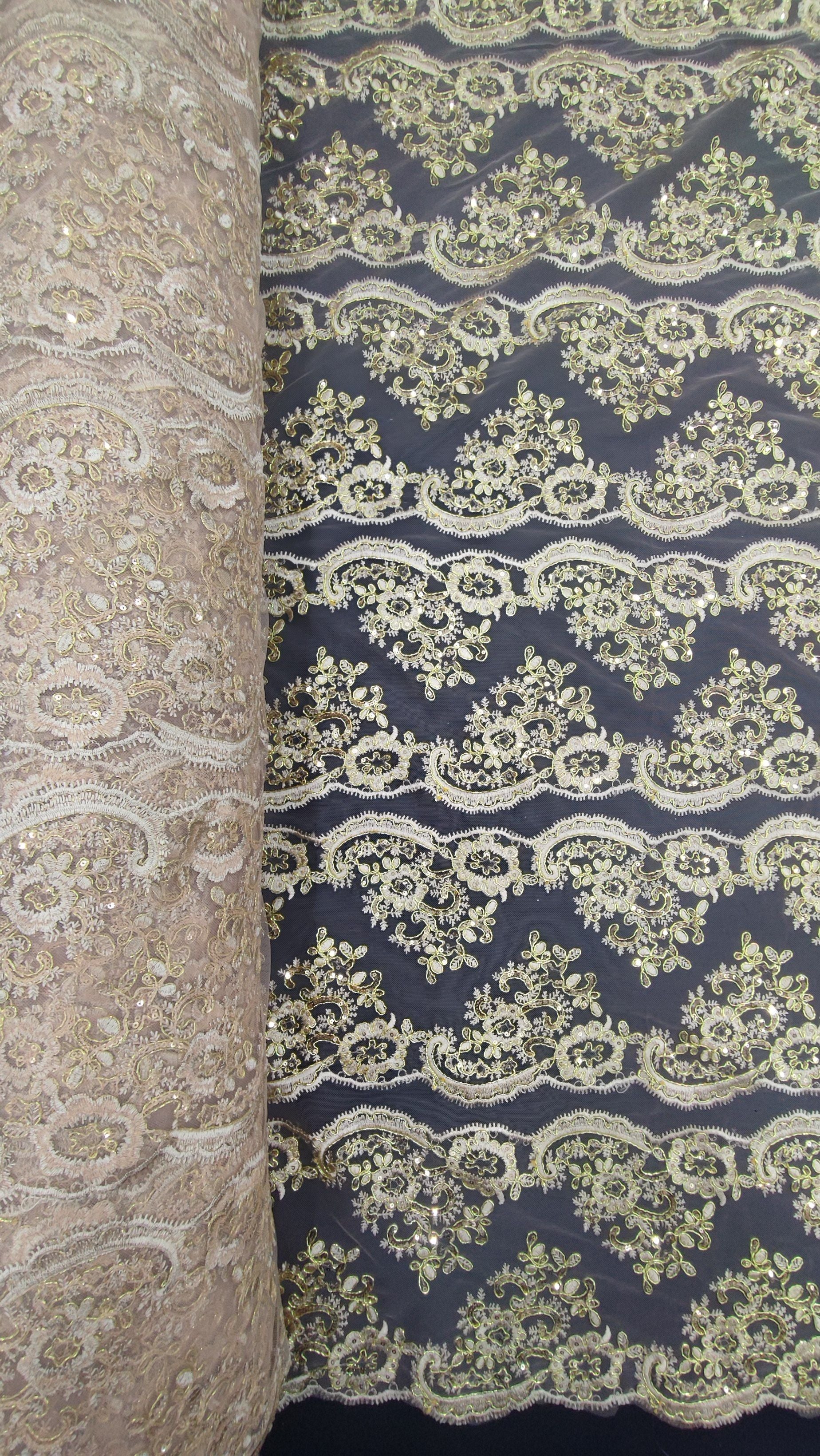 Tul bordado color oro H143, ideal para vestidos de noche de boda y de XV años
