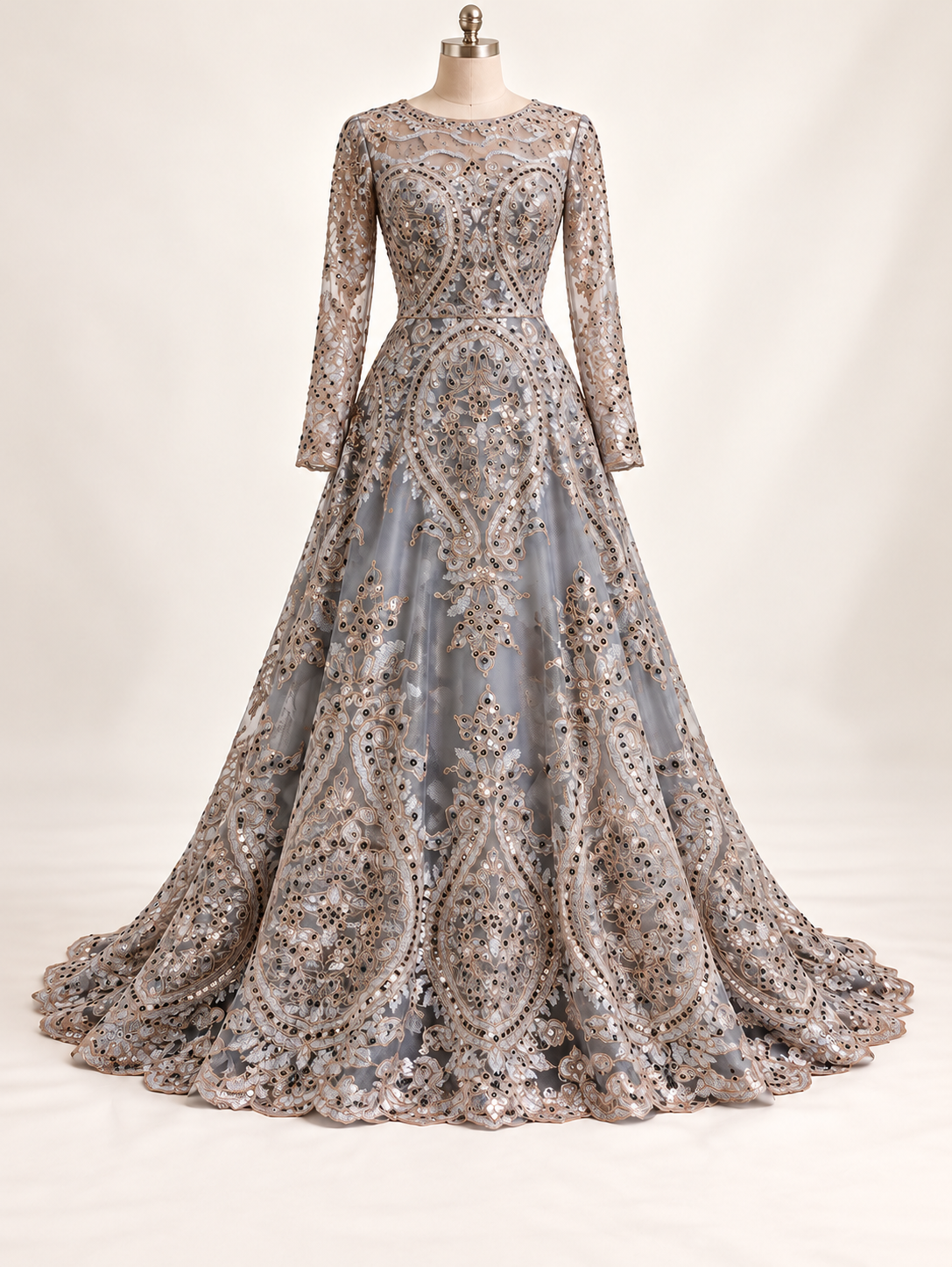 Vestido ilustrativo generado con IA — Tul bordado color oro H129, ideal para vestidos de noche de boda y de XV años — oro