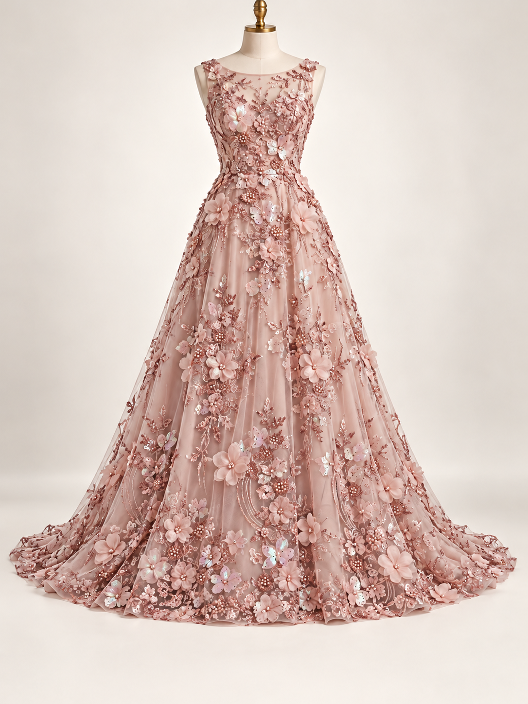 Vestido ilustrativo generado con IA — Tul bordado con lentejuela, canutillo y flor y mariposa 3d en tornasol hh237 — Blush