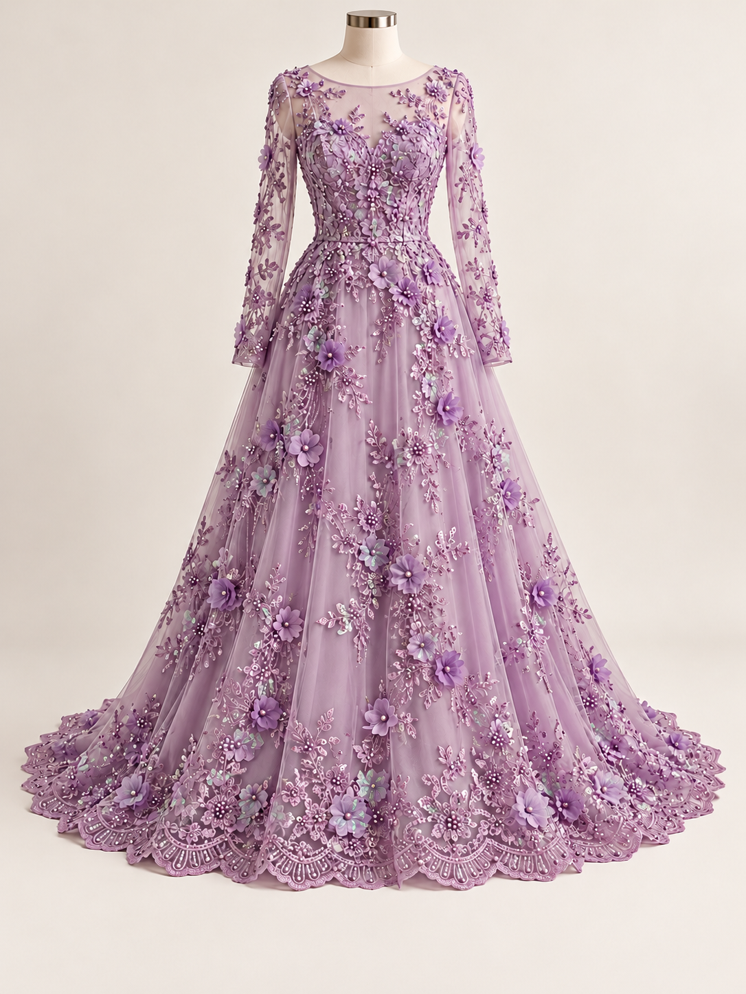 Vestido ilustrativo generado con IA — Tul bordado con lentejuela, canutillo y flor y mariposa 3d en tornasol hh237 — Lavanda