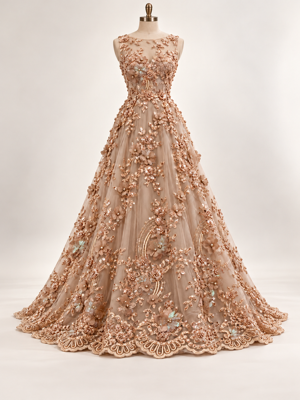 Vestido ilustrativo generado con IA — Tul bordado con lentejuela, canutillo y flor y mariposa 3d en tornasol hh237 — Arena