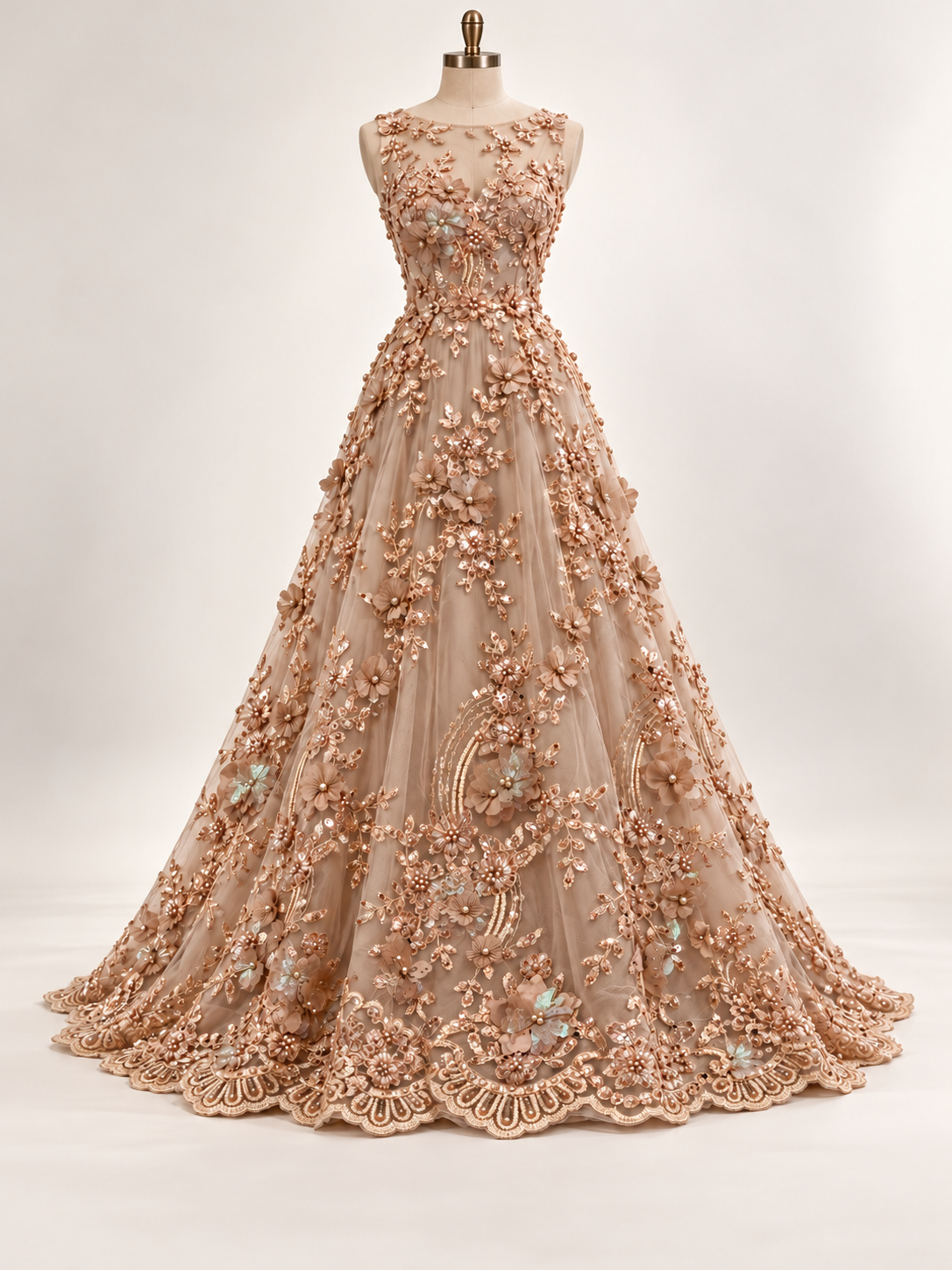 Vestido ilustrativo generado con IA — Tul bordado con lentejuela, canutillo y flor y mariposa 3d en tornasol hh237 — Arena