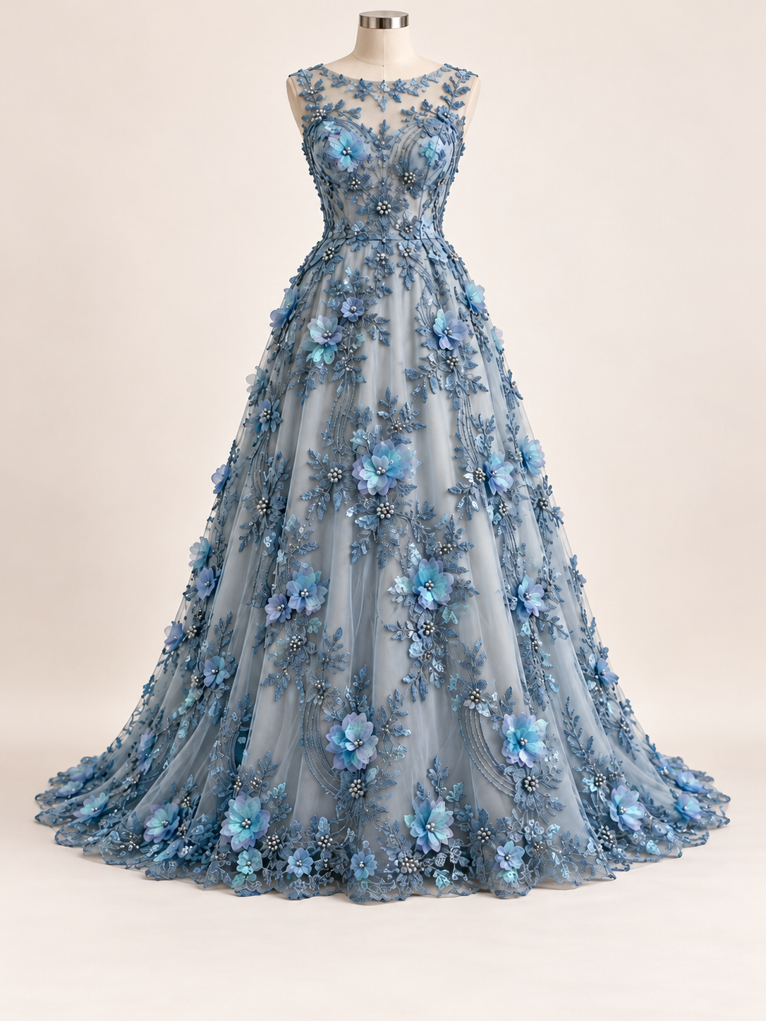 Vestido ilustrativo generado con IA — Tul bordado con lentejuela, canutillo y flor y mariposa 3d en tornasol hh237 — Azul