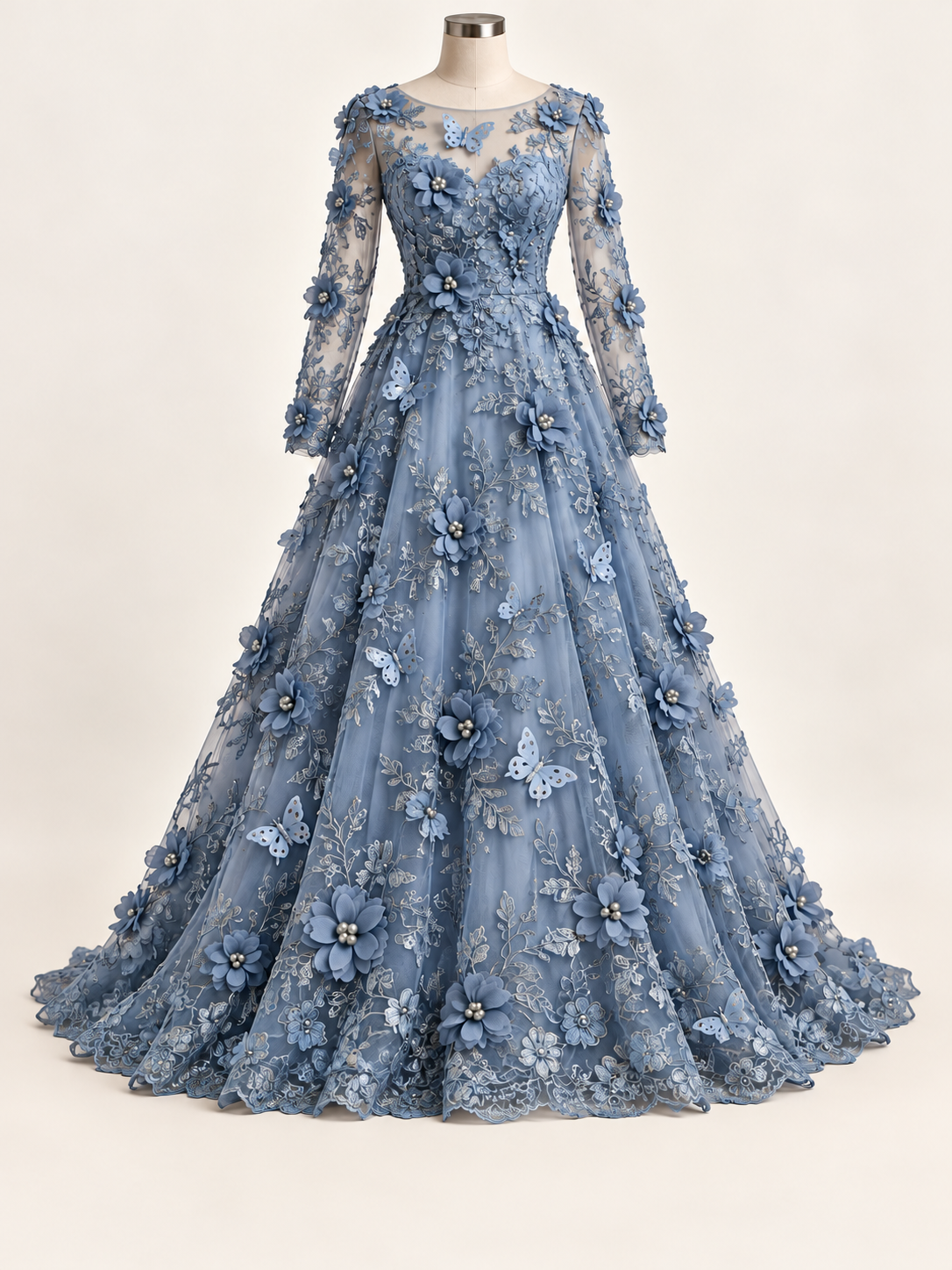 Vestido ilustrativo generado con IA — Tul Bordado Con Perlas, Lentejuelas, Mariposas y Flores 3D - HH275 — Plumbago