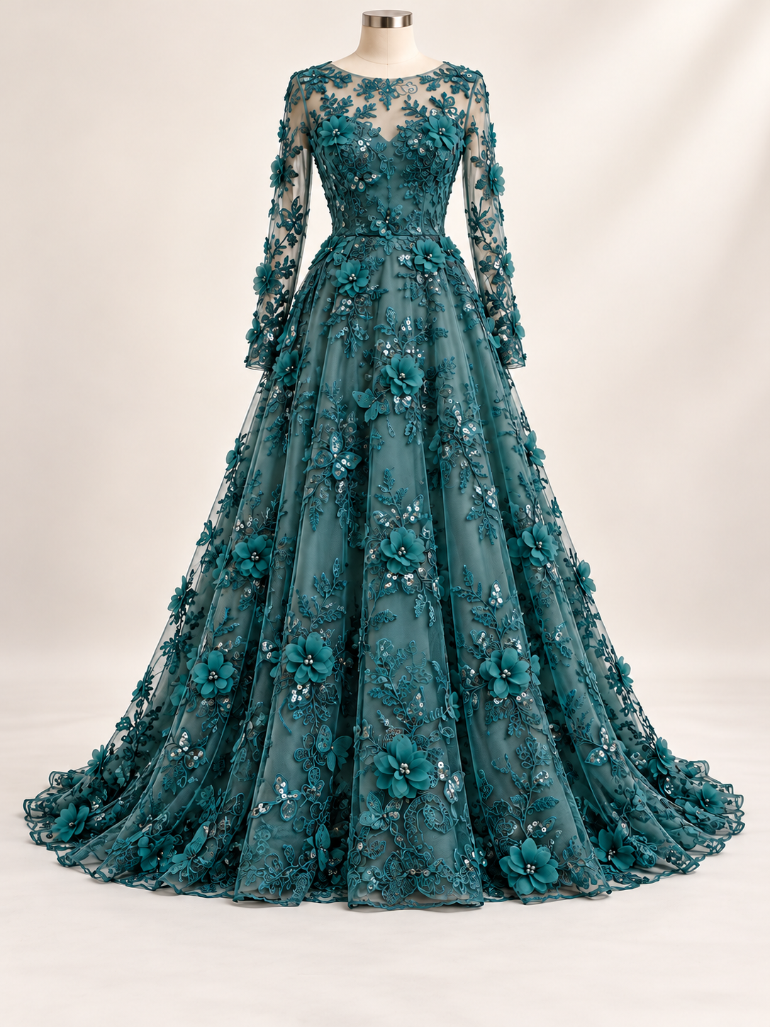 Vestido ilustrativo generado con IA — Tul Bordado Con Perlas, Lentejuelas, Mariposas y Flores 3D - HH275 — Botella
