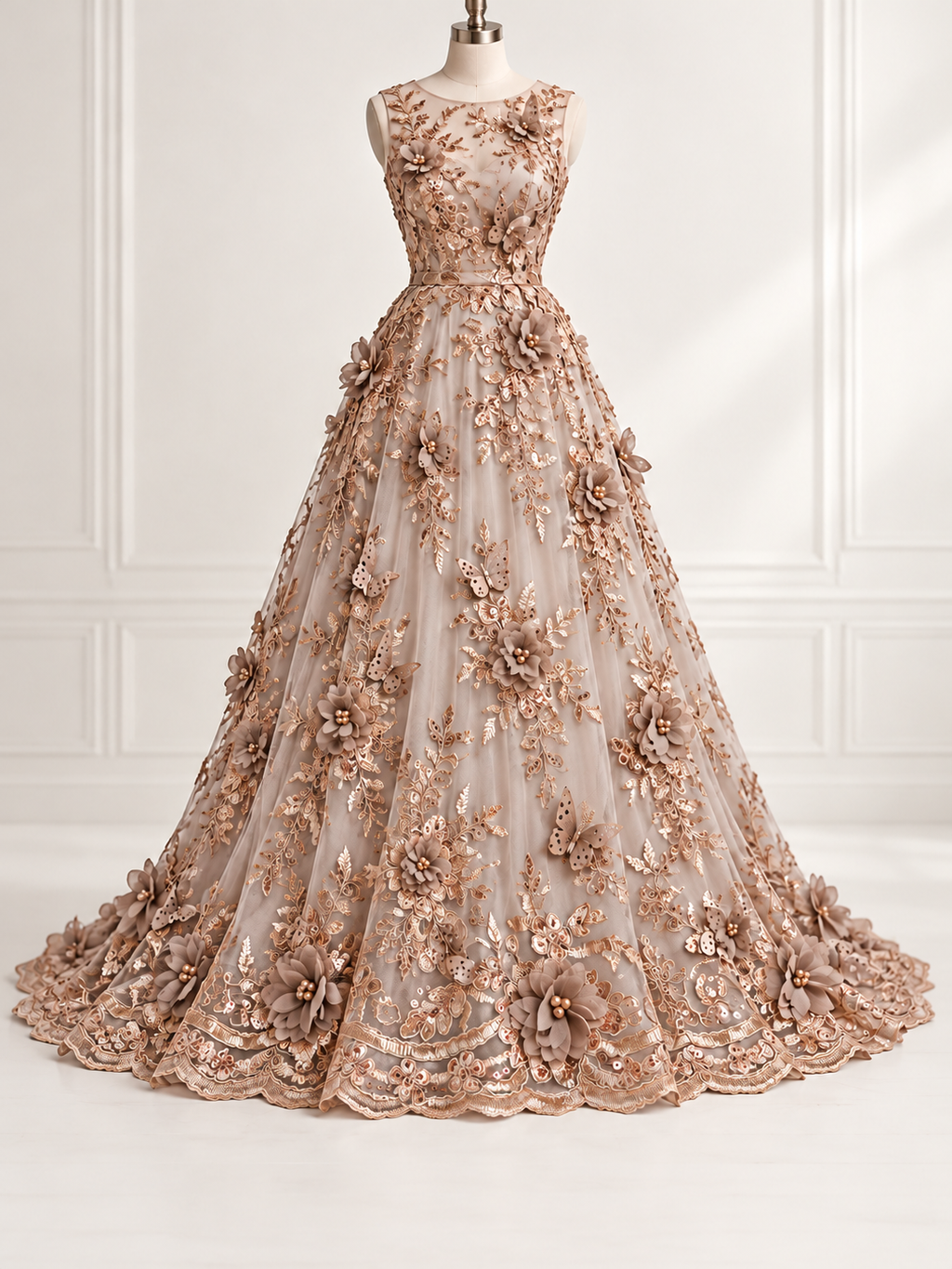 Vestido ilustrativo generado con IA — Tul Bordado Con Perlas, Lentejuelas, Mariposas y Flores 3D - HH275 — Arena