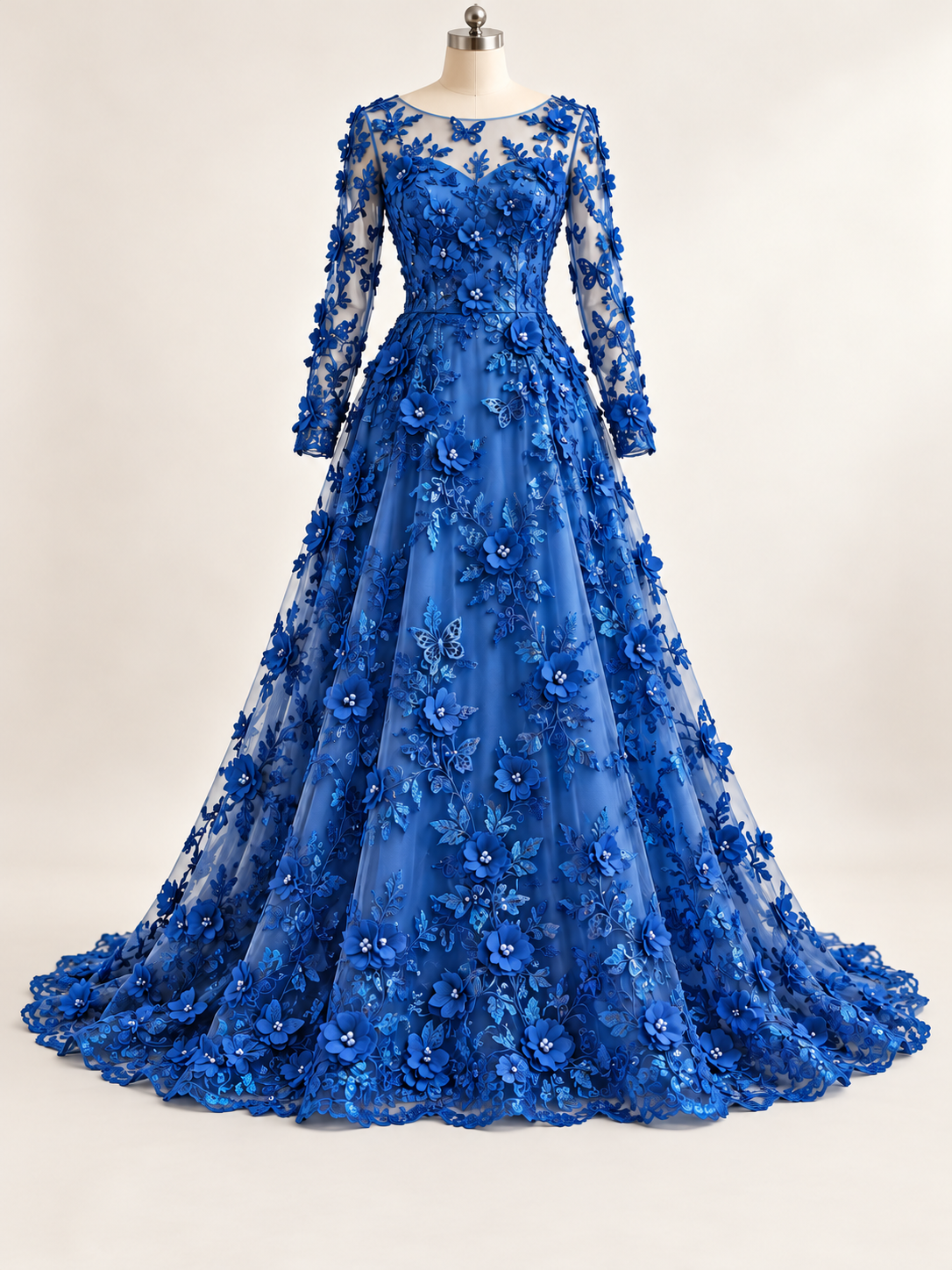 Vestido ilustrativo generado con IA — Tul Bordado Con Perlas, Lentejuelas, Mariposas y Flores 3D - HH275 — Rey