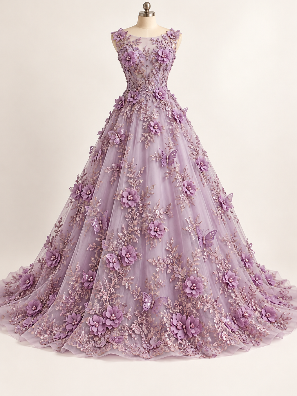 Vestido ilustrativo generado con IA — Tul Bordado Con Perlas, Lentejuelas, Mariposas y Flores 3D - HH275 — Lila