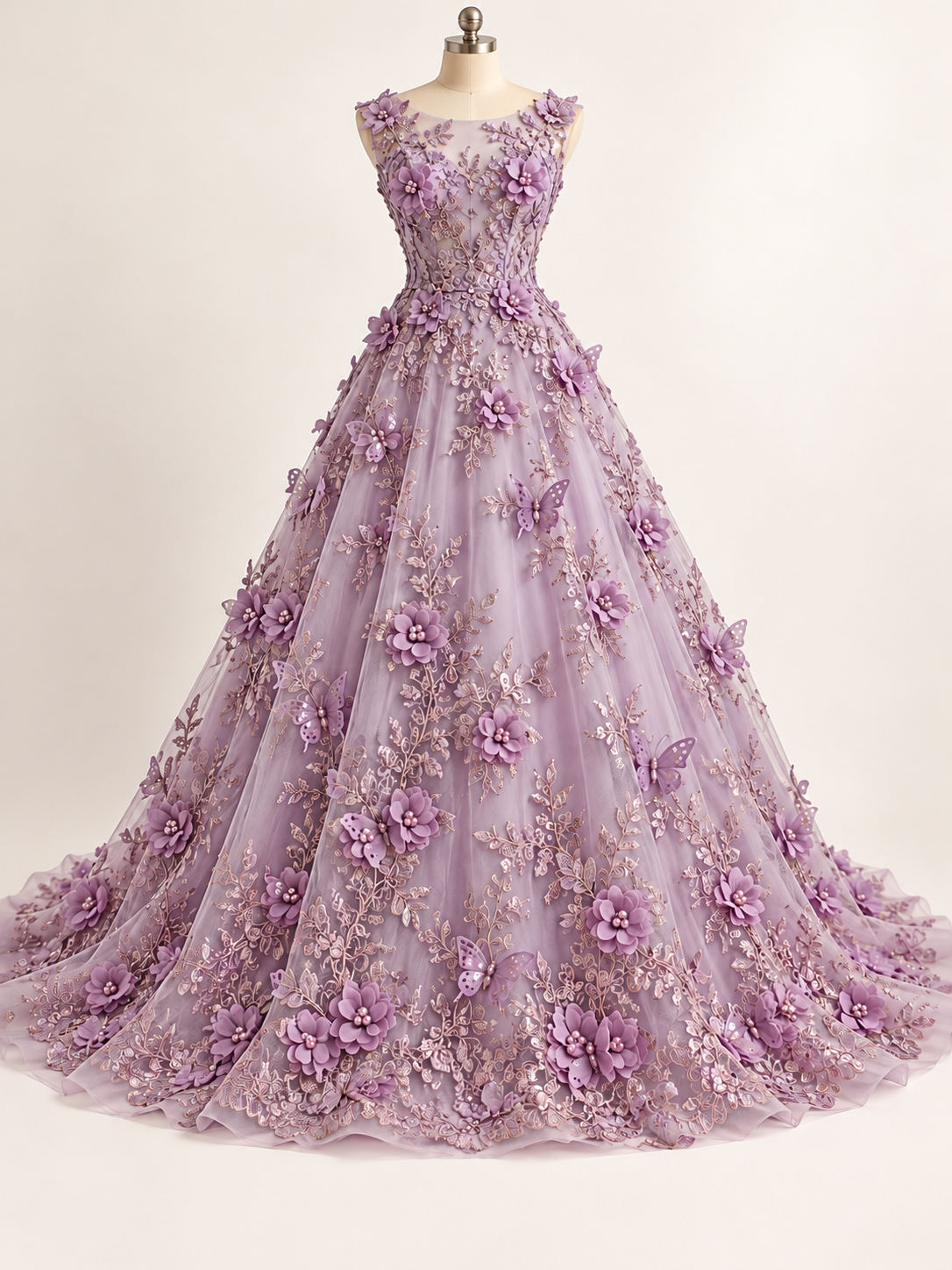 Vestido ilustrativo generado con IA — Tul Bordado Con Perlas, Lentejuelas, Mariposas y Flores 3D - HH275 — Lila