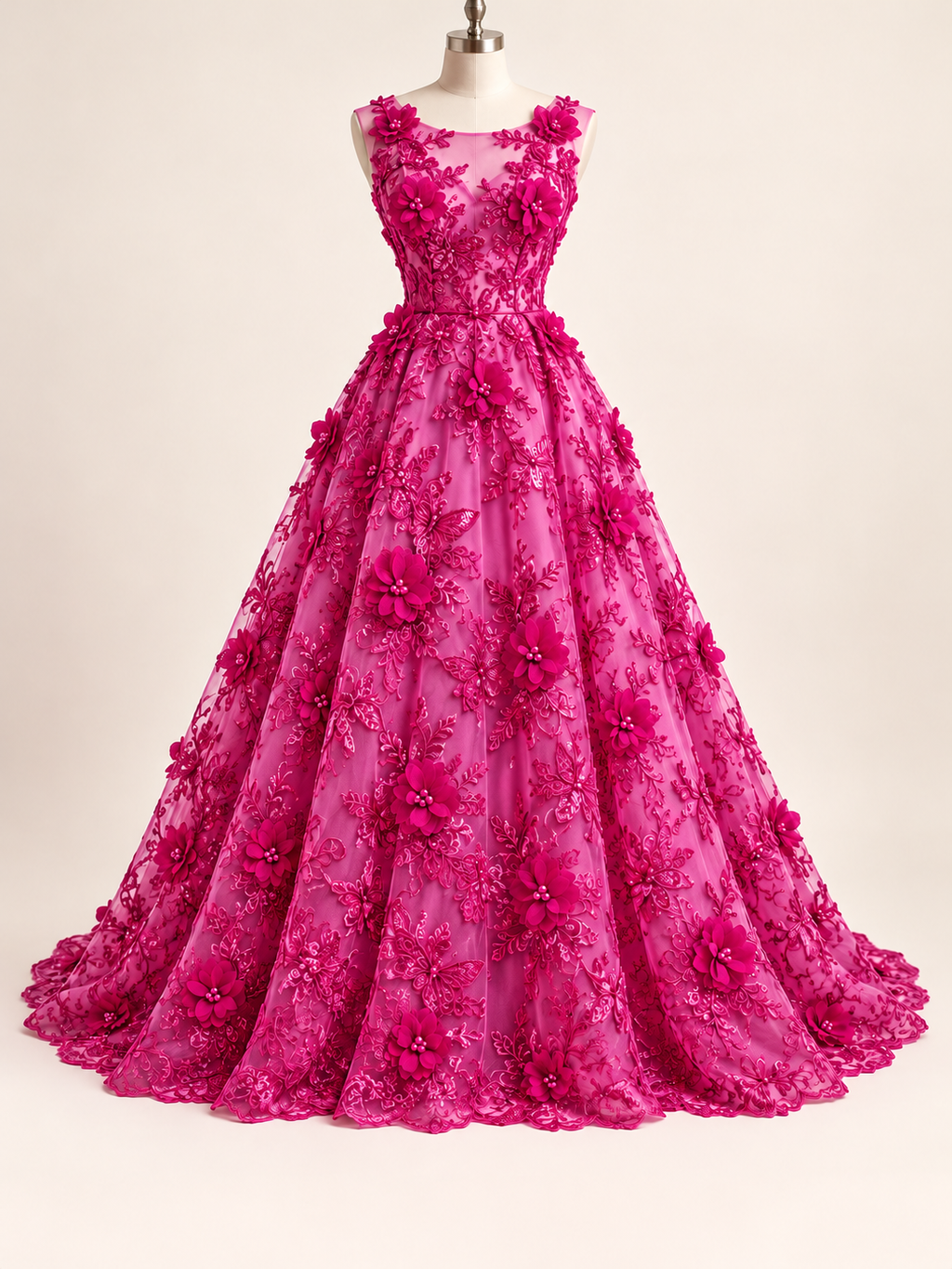 Vestido ilustrativo generado con IA — Tul Bordado Con Perlas, Lentejuelas, Mariposas y Flores 3D - HH275 — Fiusha