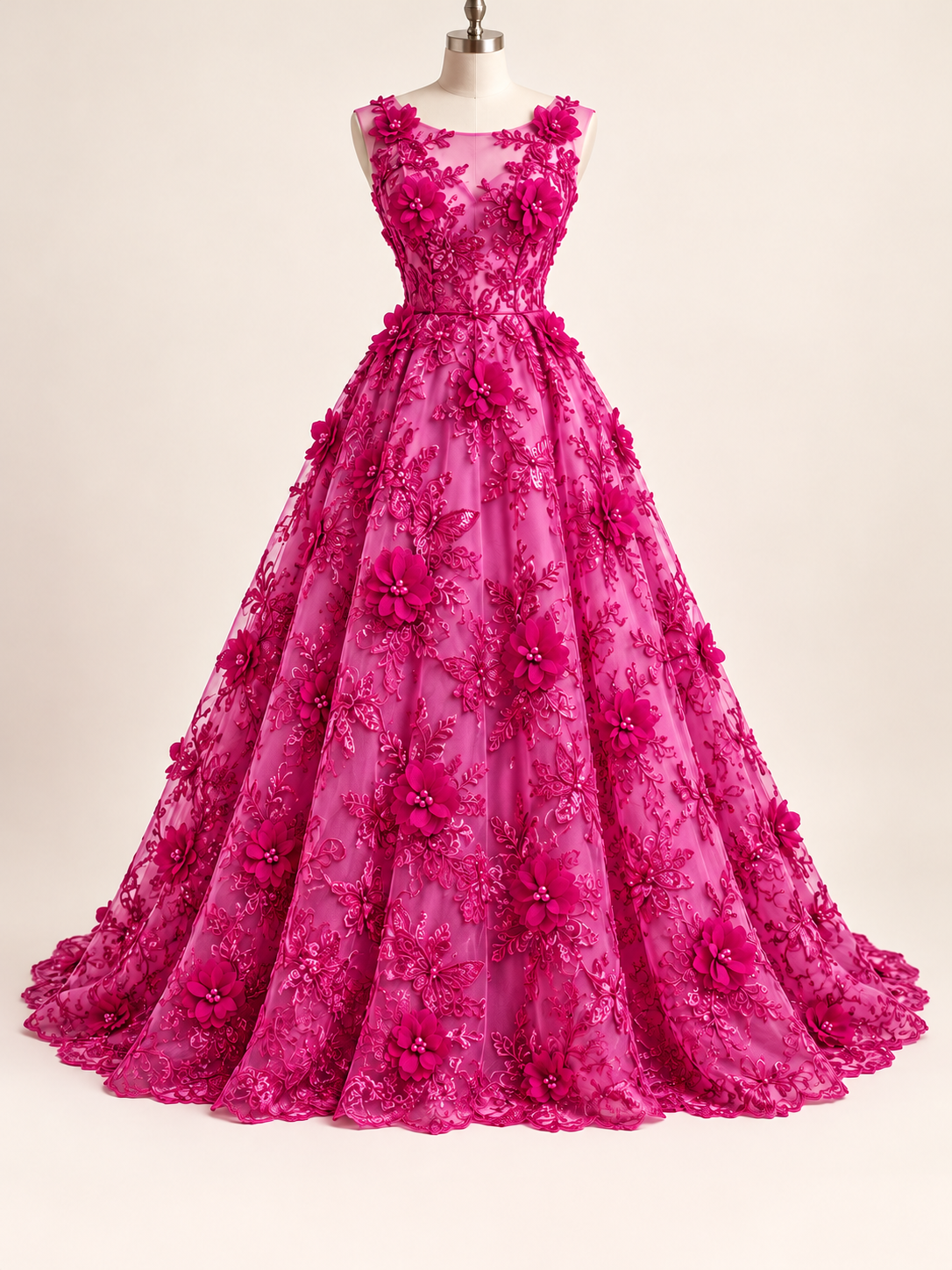 Vestido ilustrativo generado con IA — Tul Bordado Con Perlas, Lentejuelas, Mariposas y Flores 3D - HH275 — Fiusha