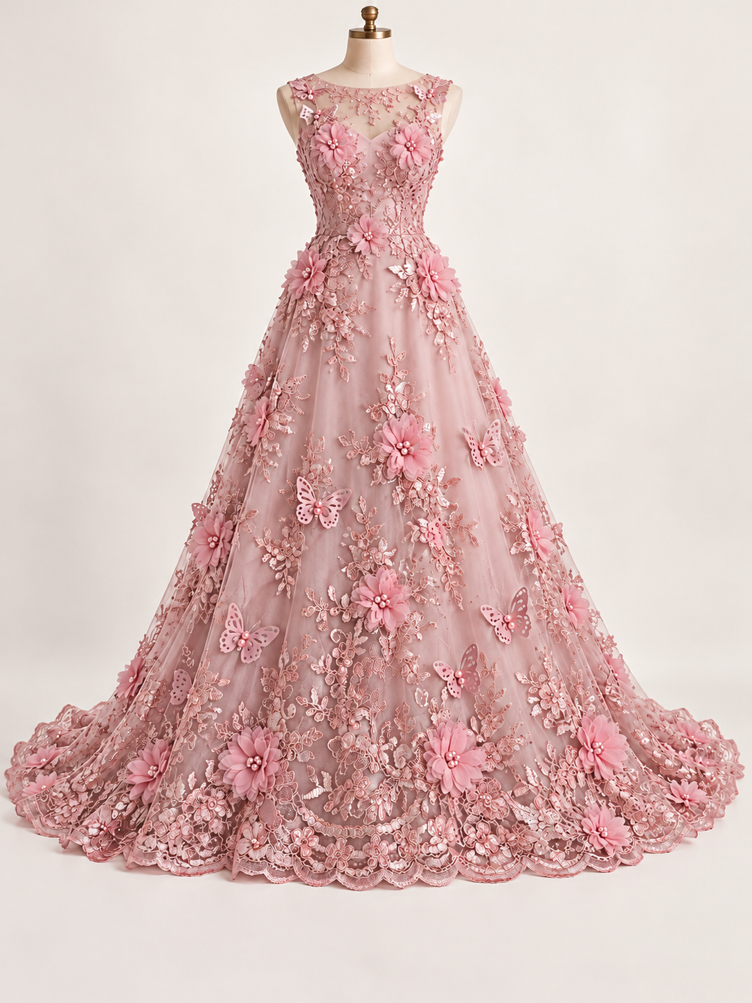 Vestido ilustrativo generado con IA — Tul Bordado Con Perlas, Lentejuelas, Mariposas y Flores 3D - HH275 — Rosa