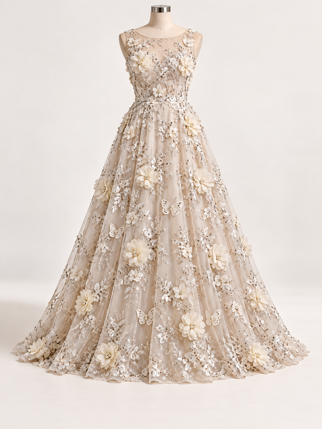 Vestido ilustrativo generado con IA — Tul Bordado Con Perlas, Lentejuelas, Mariposas y Flores 3D - HH275 — Nude