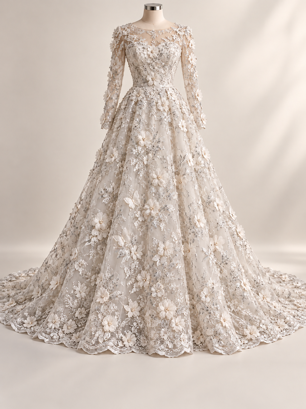 Vestido ilustrativo generado con IA — Tul Bordado Con Perlas, Lentejuelas, Mariposas y Flores 3D - HH275 — hueso